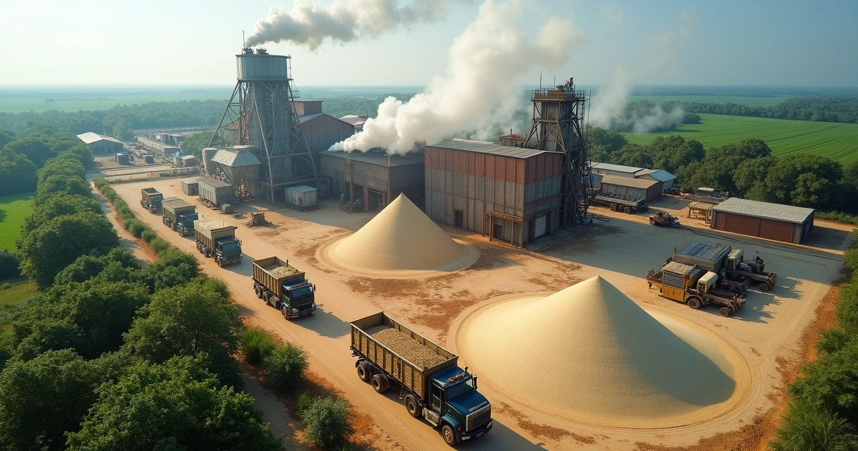 Vista de usina produzindo açúcar com cana sendo processada, pilhas de açúcar e caminhões 