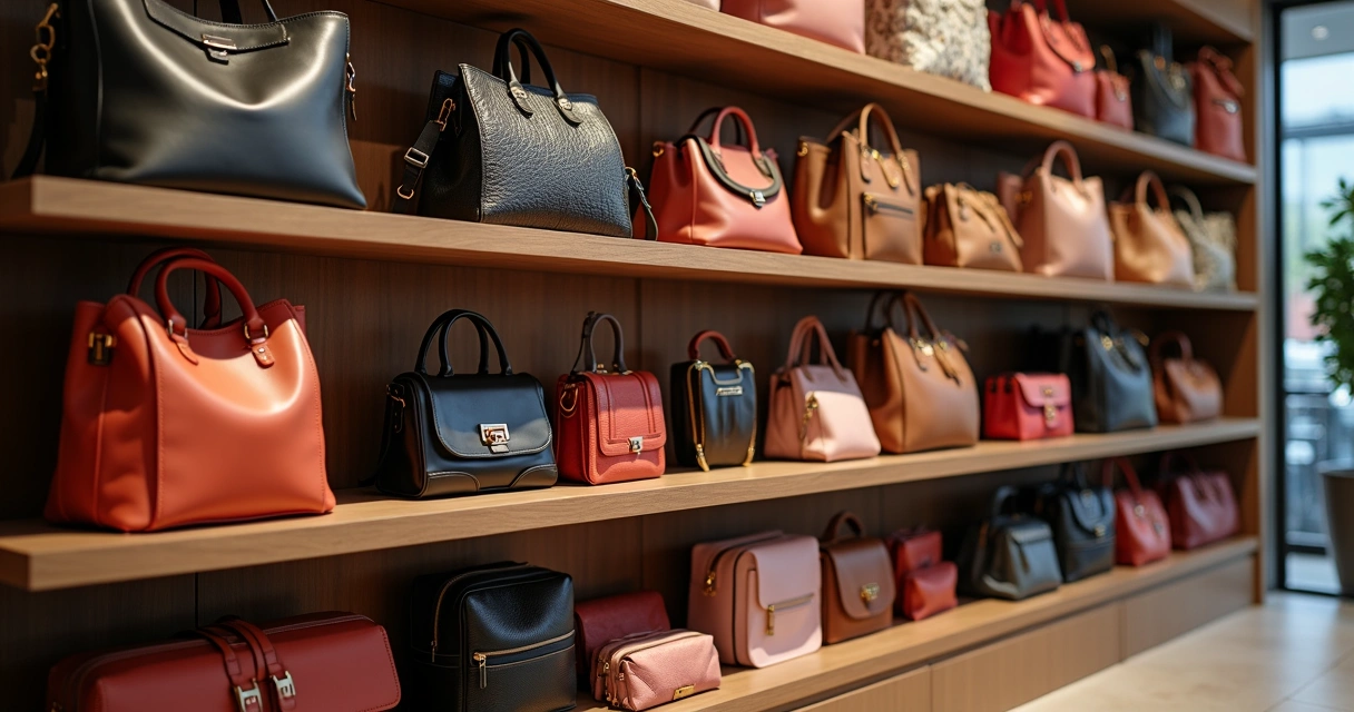 Diversidade de bolsas organizadas em prateleiras, em diferentes cores, tamanhos e estilos
