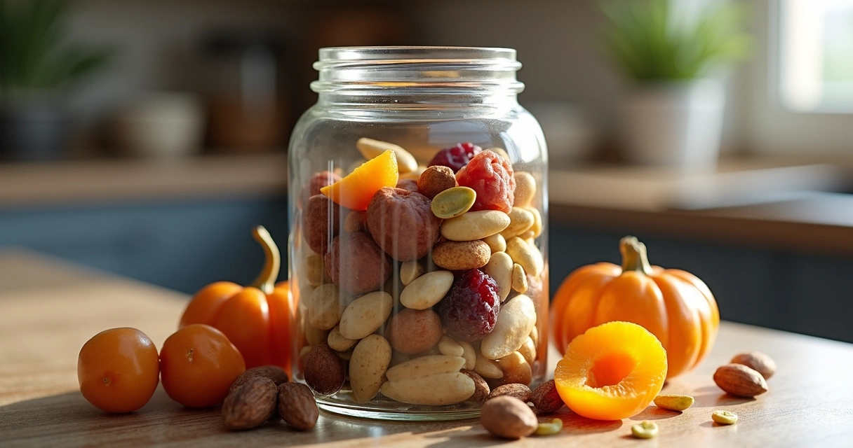 Porção de mix de castanhas, sementes de abóbora, frutas secas como ameixa e damasco, em um pote de vidro 