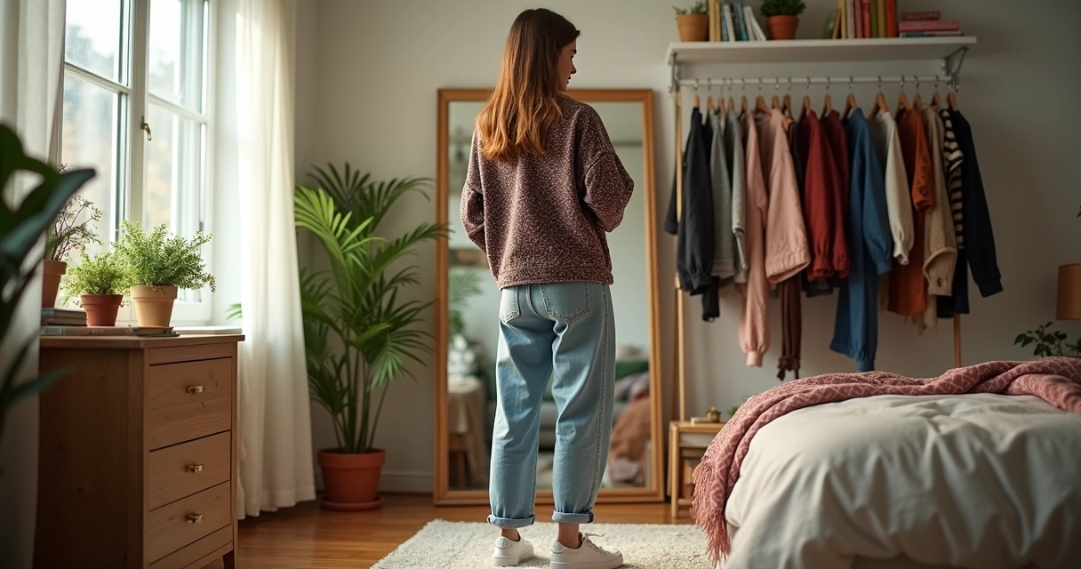 Pessoa combina jaqueta vintage de brechó com calça jeans moderna
