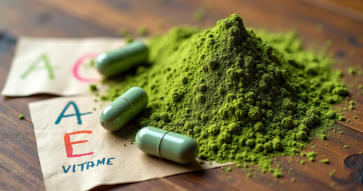 Pó verde de moringa ao lado de cápsulas e ilustrações de vitaminas