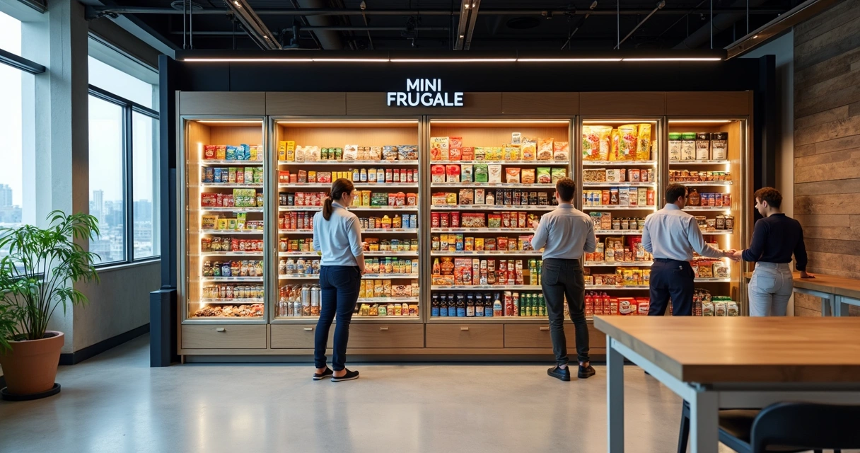 Diversos produtos expostos em prateleiras de mini mercado corporativo 