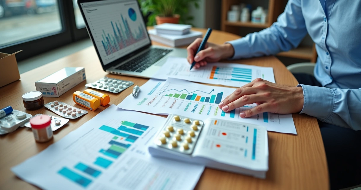 Gestor de farmácia analisando gráficos de mix de produtos diante de colagem de medicamentos e cosméticos 