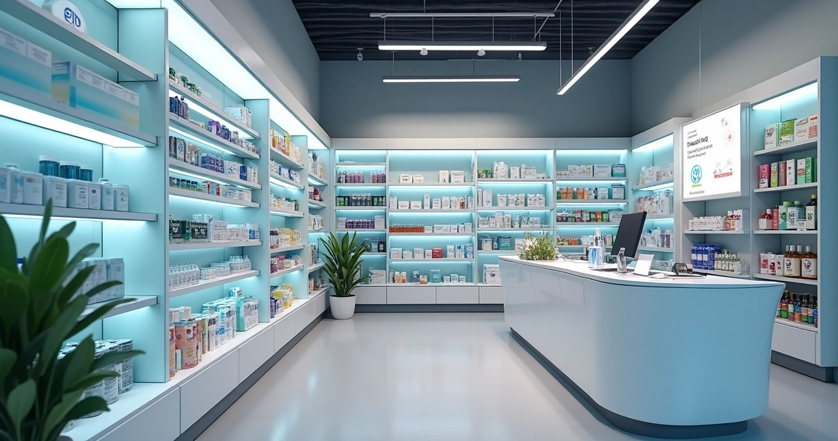 Prateleira de farmácia com produtos variados e destaque para serviços. 