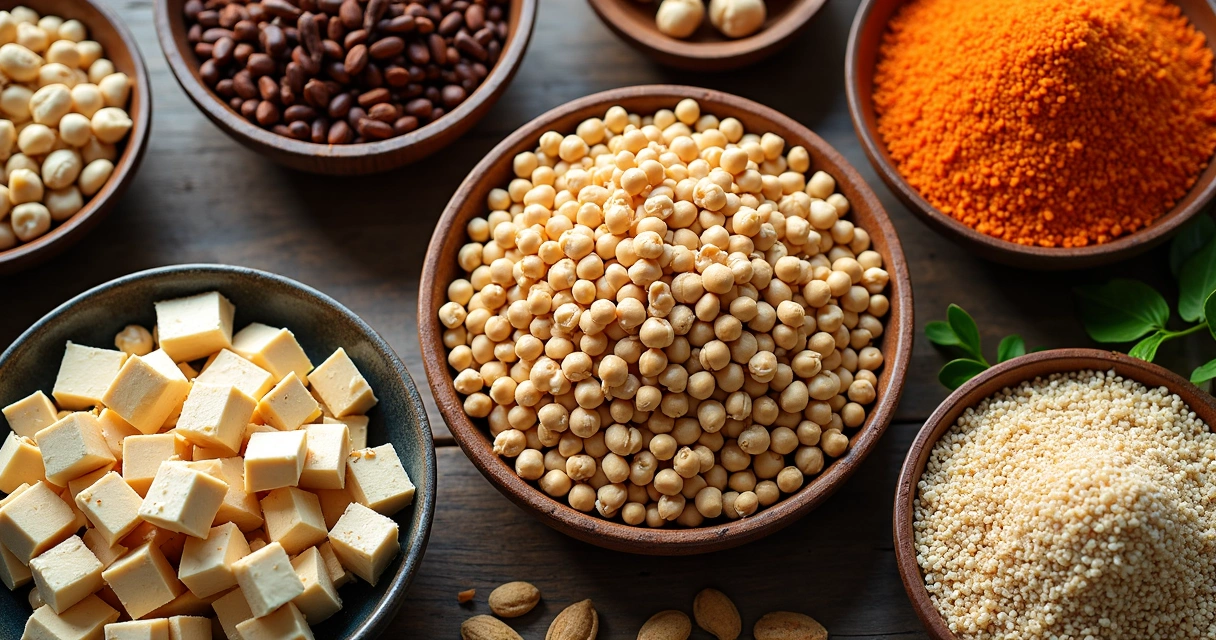 Mix de proteínas vegetais como feijão, lentilha, grão-de-bico e tofu em tigelas rústicas