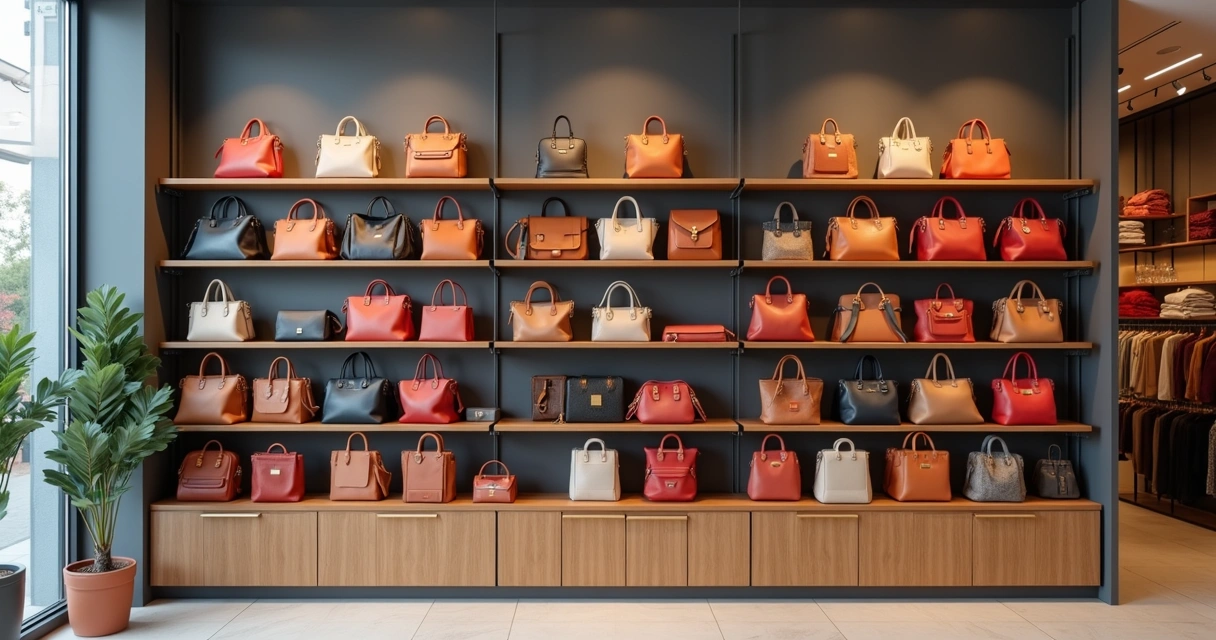 Mix variado de bolsas e mochilas coloridas em exposição organizada em prateleiras modernas 