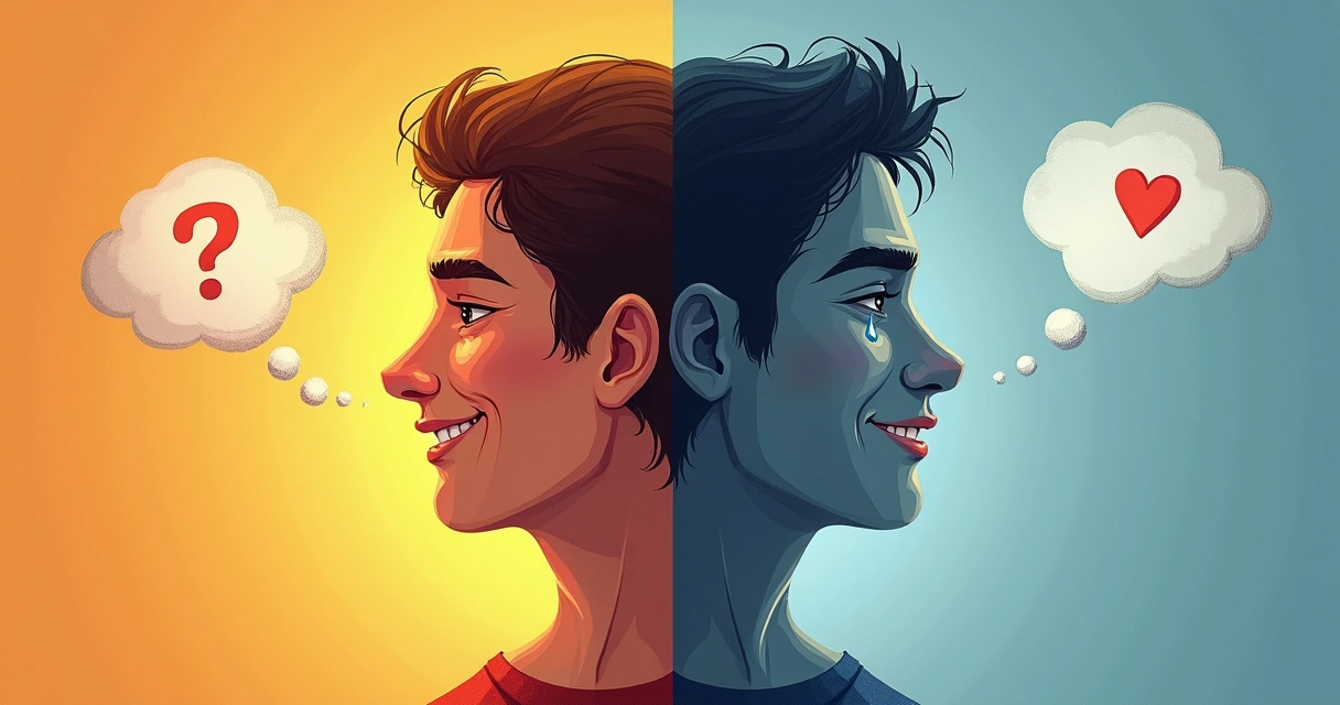 Conceptual illustration of a person's face split between joy and sadness 