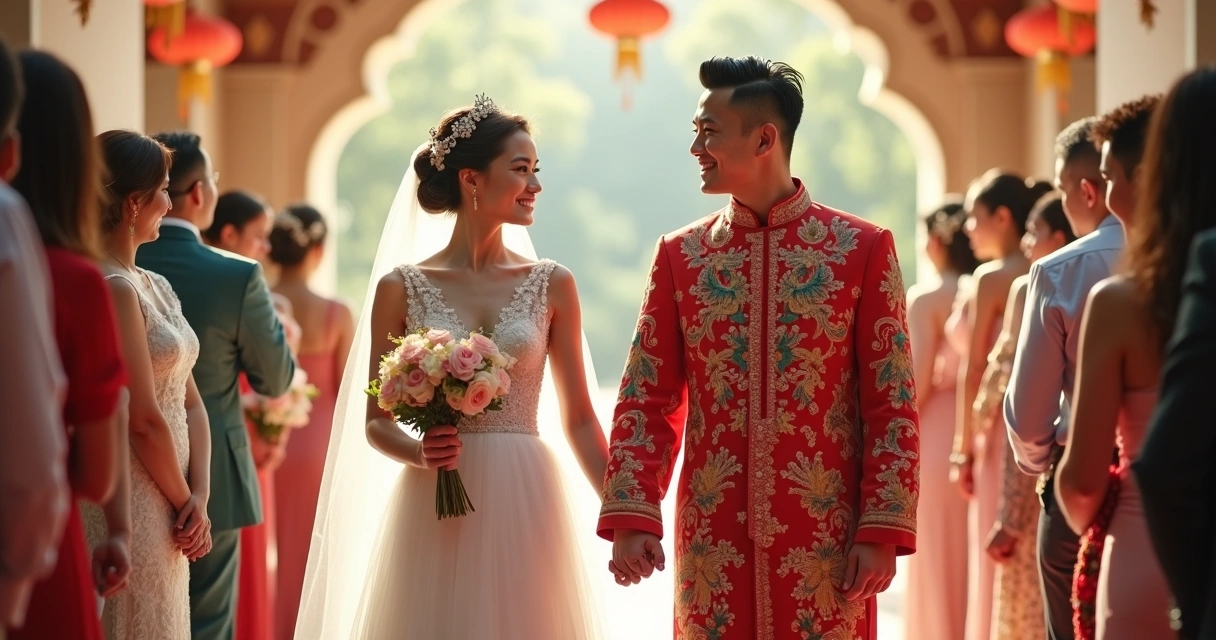 Bride and groom in blended traditional wedding attire holding hands