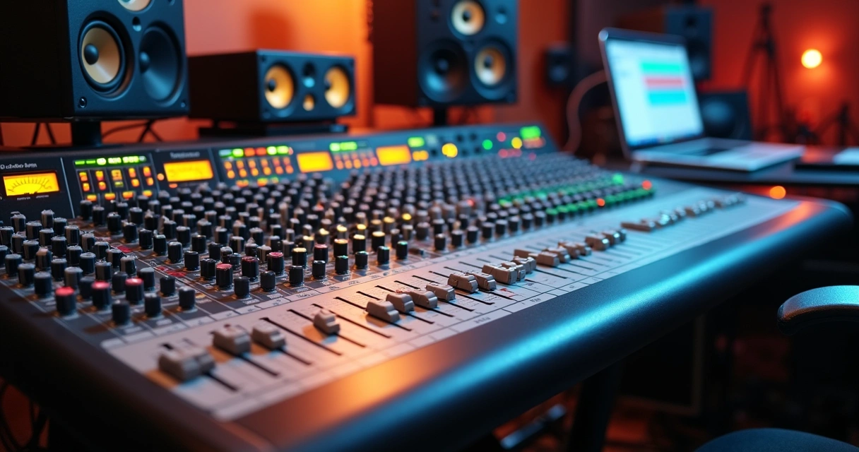 Mesa de mixer de áudio profissional com vários canais em estúdio moderno 