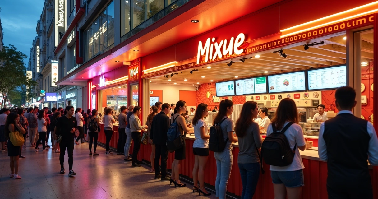 Fila de pessoas em frente à primeira loja da Mixue no Shopping Cidade São Paulo, com letreiros coloridos e ambiente movimentado 
