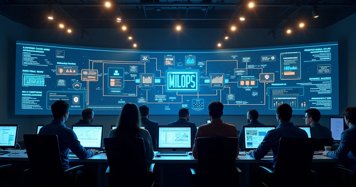 Painel com fluxo de MLOps conectando dados, modelos e operações de negócio 