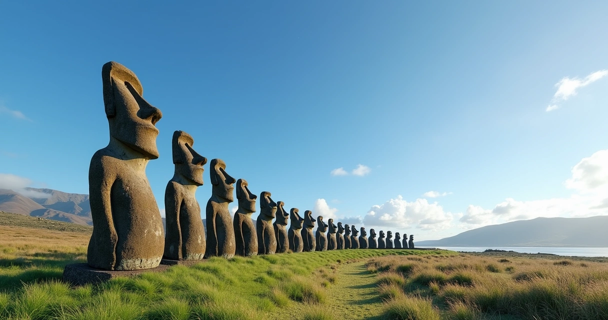 Moais da Ilha de Páscoa alinhados sob céu azul com vegetação e colinas ao fundo 