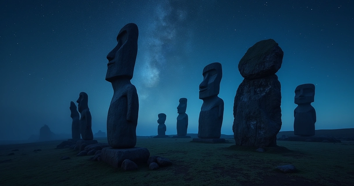 Moais de pedra alinhados durante noite de lua cheia 