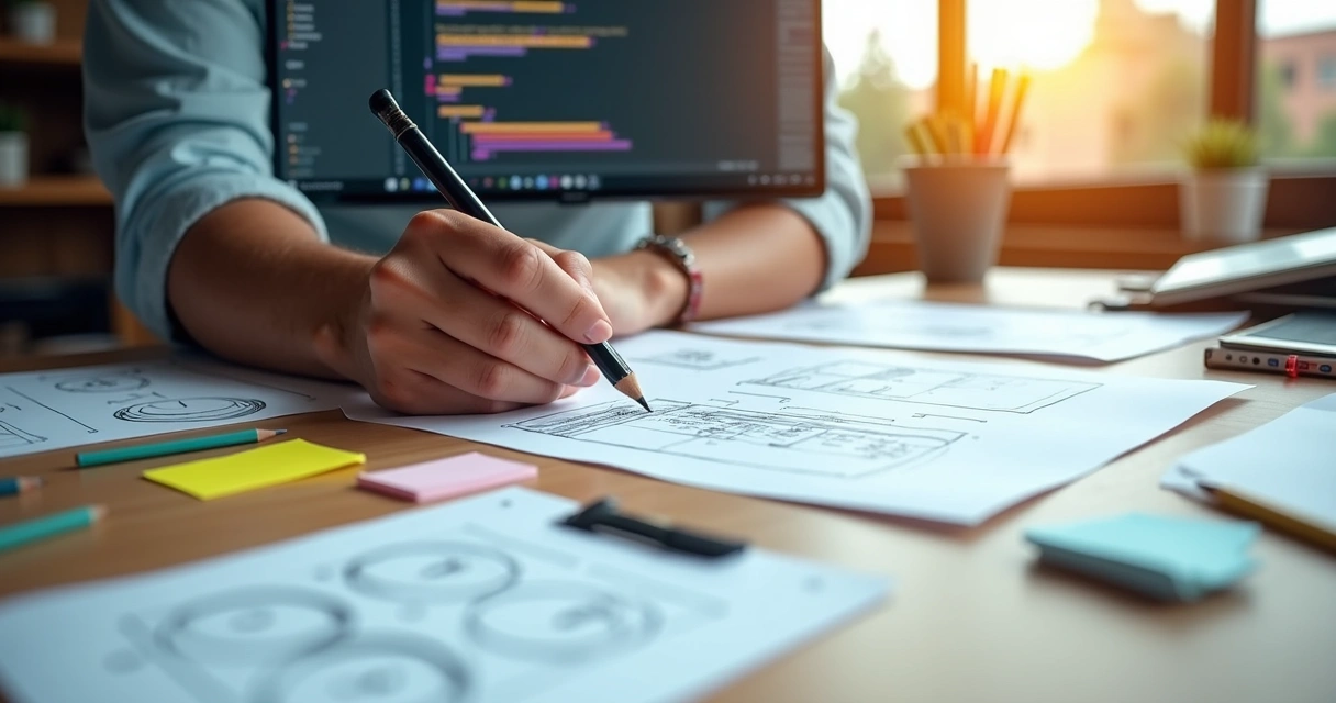 Mobile app designer using Delphi, drawing mockups on paper before creating an app.