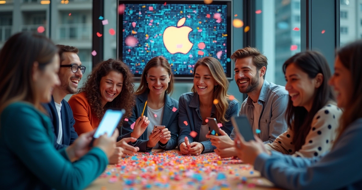 Startup team celebrating app launch with confetti and phones 