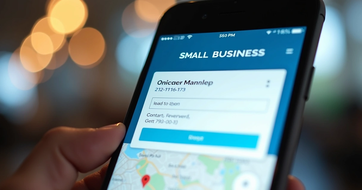 Mobile phone displaying business website with location and contact 