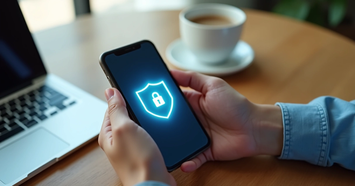 Hands holding a smartphone with a shield icon on screen, signifying mobile cybersecurity 