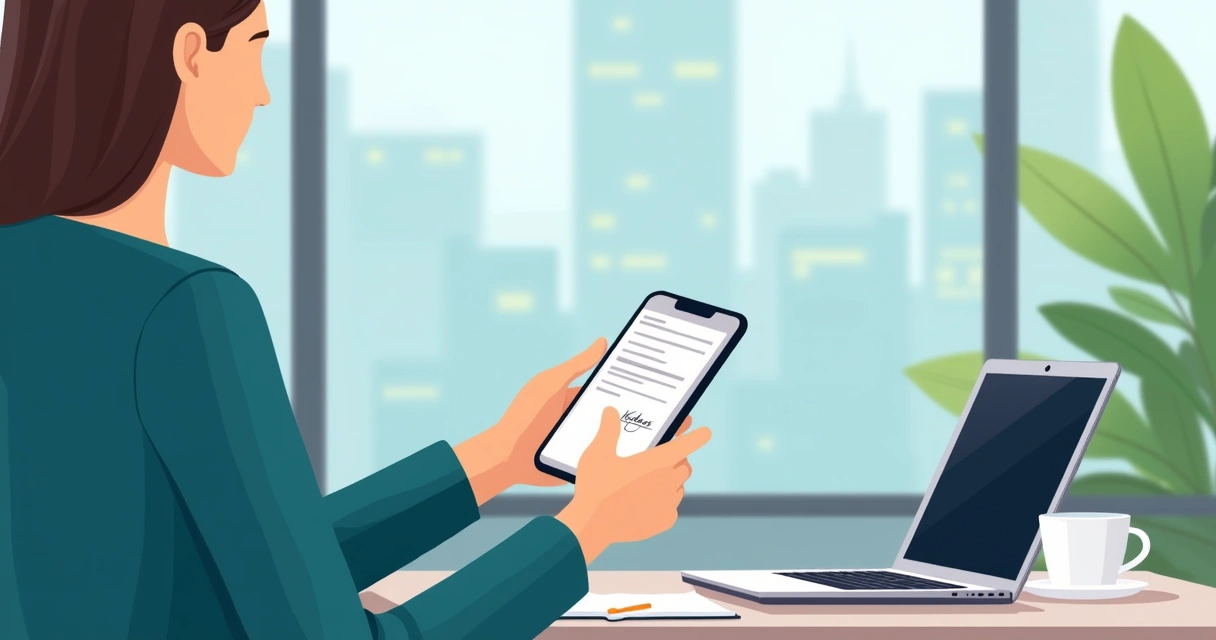 Person holding a smartphone with a contract open for e-signature while sitting in a coffee shop 