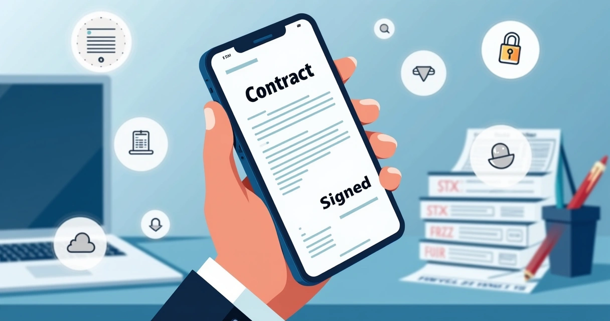 Mobile phone screen showing contract signing.