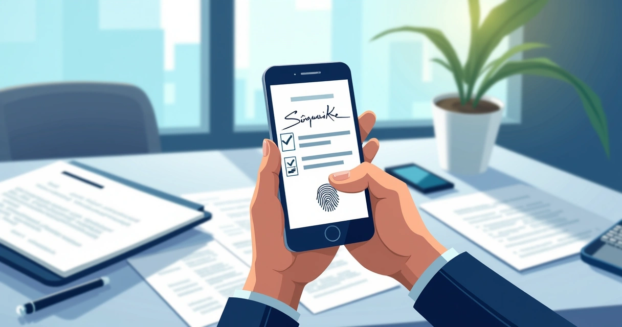 Person signing document on mobile device 