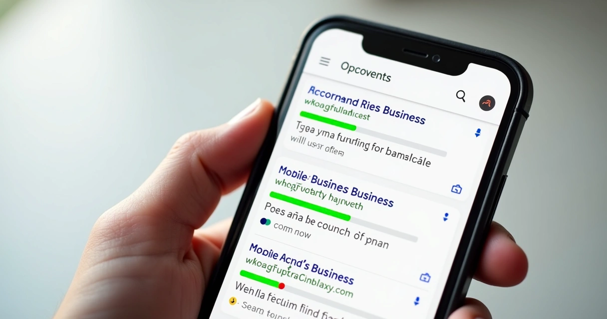 Smartphone exibindo site otimizado para mobile com resultados de busca em destaque 