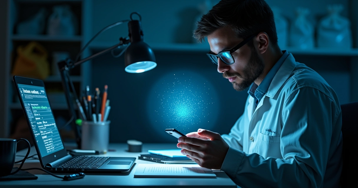 Forensic investigator examining a smartphone on a desk with forensic tools 