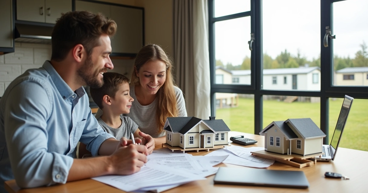 Family reviewing mobile home financing paperwork at a kitchen table 