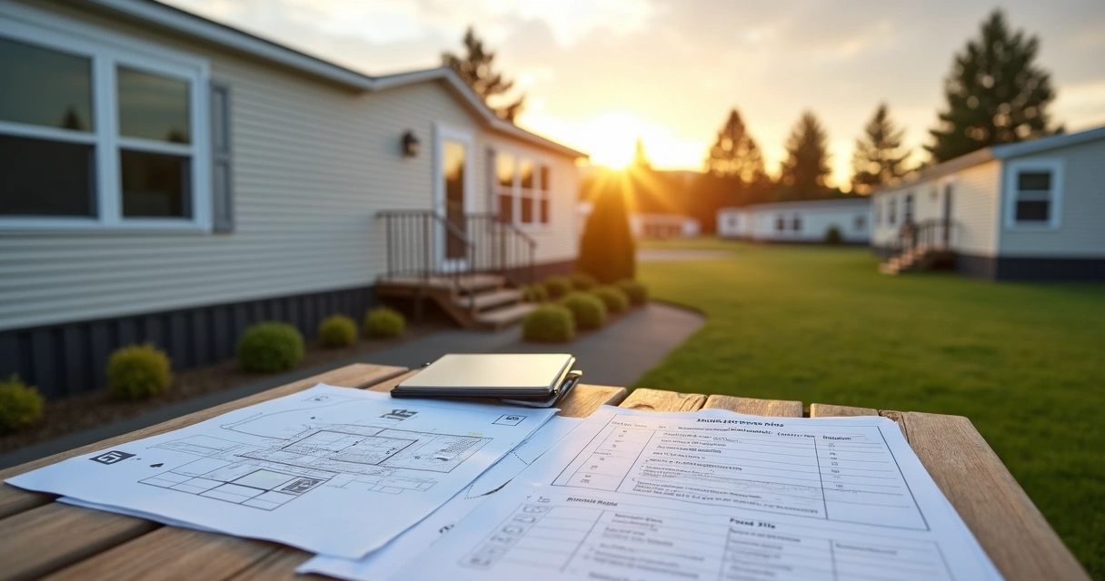 Mobile home in a park with paperwork and lending requirements overlay 