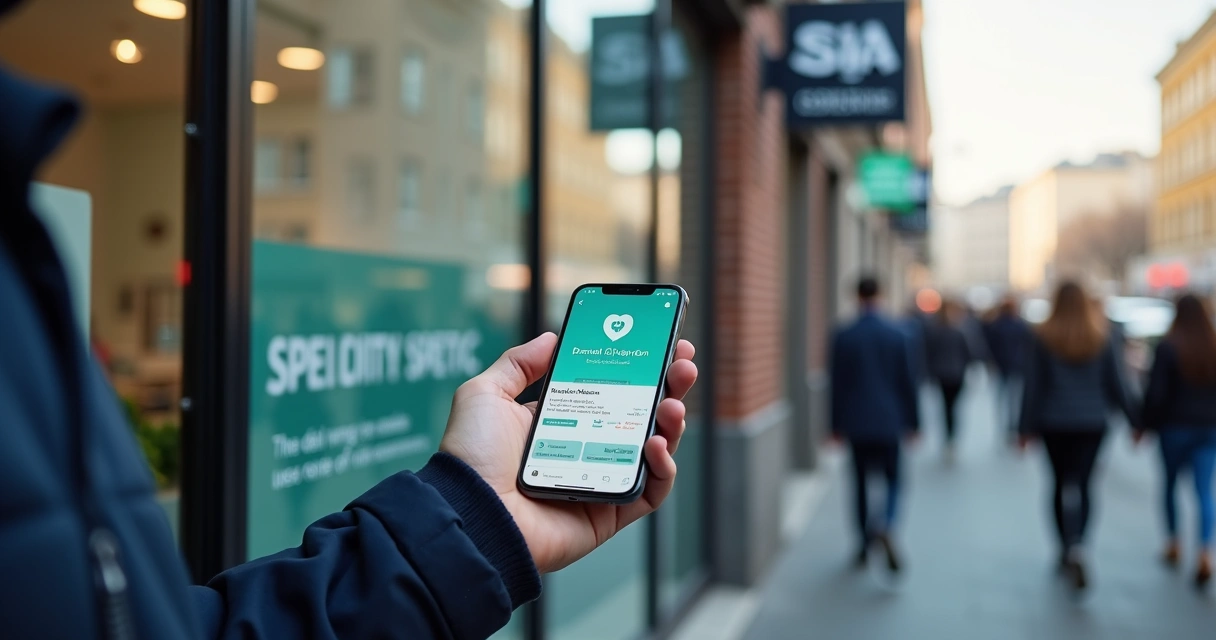 Homem utiliza o smartphone de frente para vitrine de clínica com informações locais destacadas