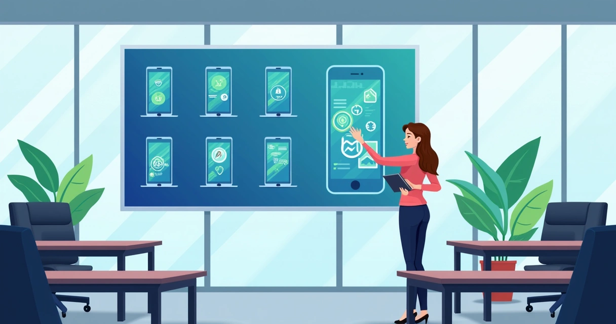 Painel de gerenciamento de dispositivos móveis em escritório corporativo 