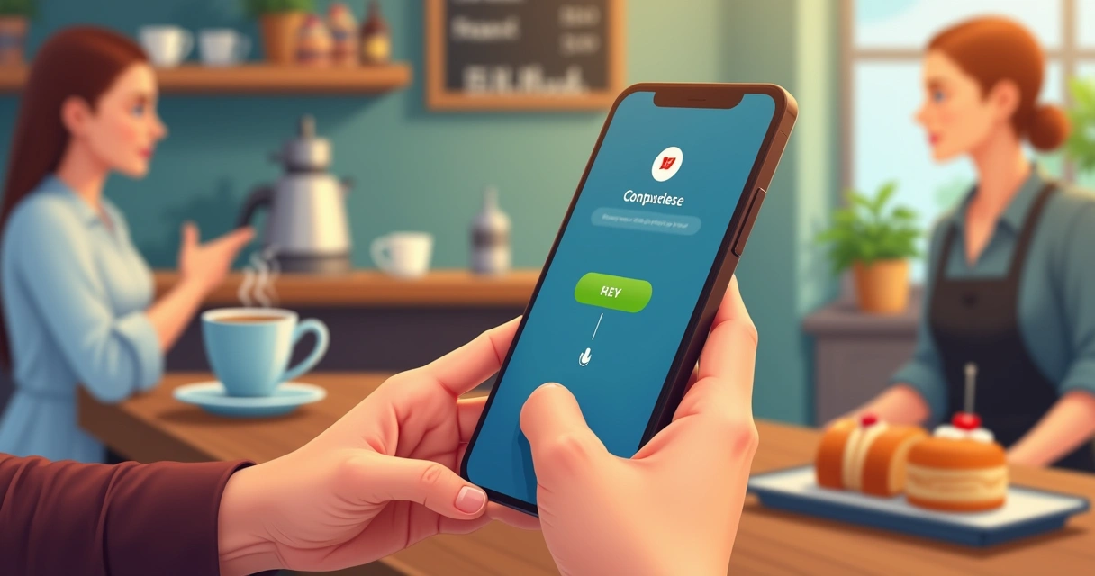 Hand holding smartphone making a mobile payment at coffee shop 