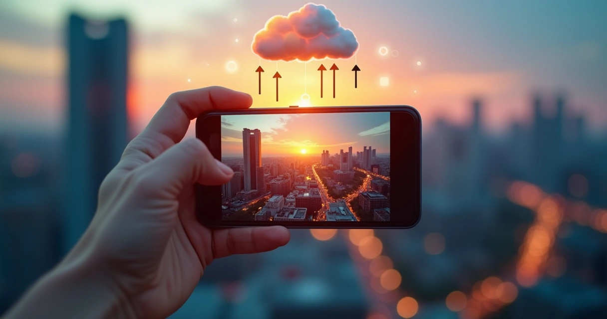 Hand holding a mobile phone taking a picture, photo instantly uploaded to cloud icons in the background