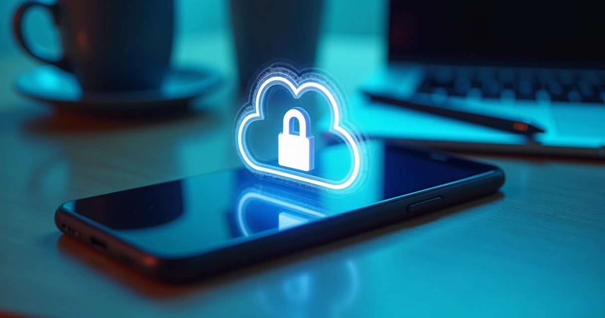 Mobile phone with lock and cloud icons, security concept