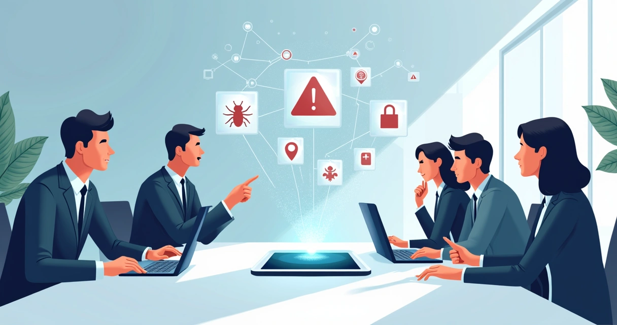 Equipe de TI analisando um smartphone cercado por ícones de ameaças digitais 