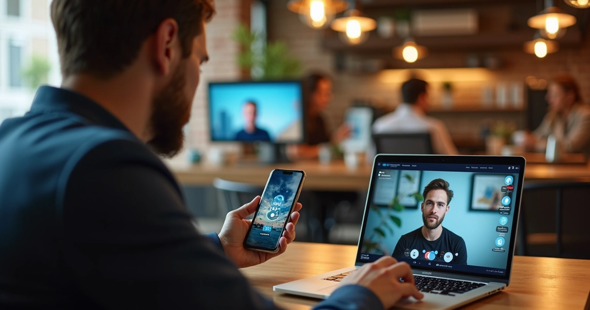 Colaboradores usando celular e notebook com soluções VoIP.