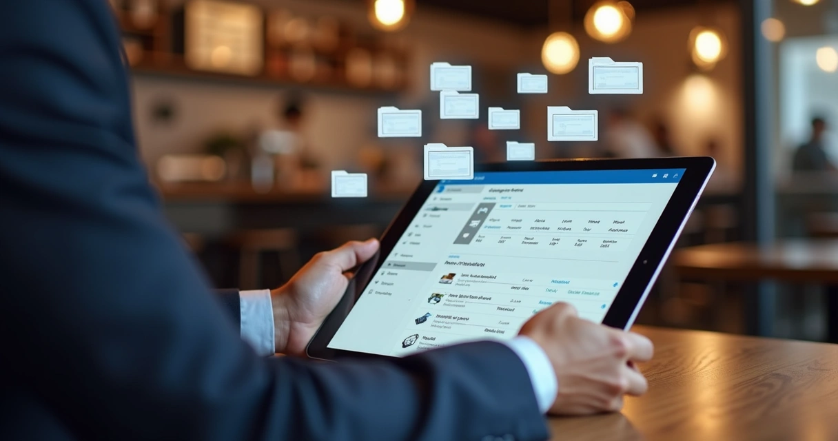 Profissional acessando dados empresariais de um tablet em um café, com pastas virtuais projetadas ao redor da tela 