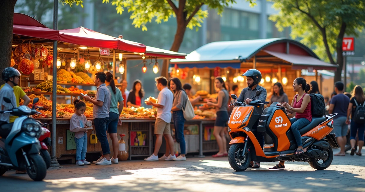Cena urbana animada com entregas de comida e várias opções gastronômicas em um mercado vibrante.