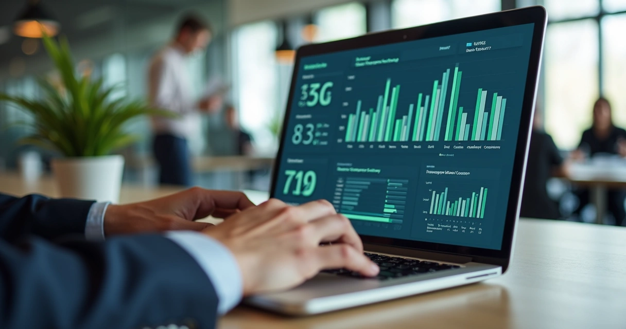 Businessperson analyzing ESG data dashboard on laptop 