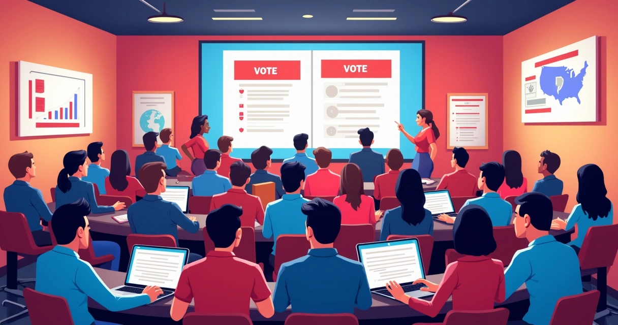 Assembleia de mobilização sindical com associados debatendo e banners digitais