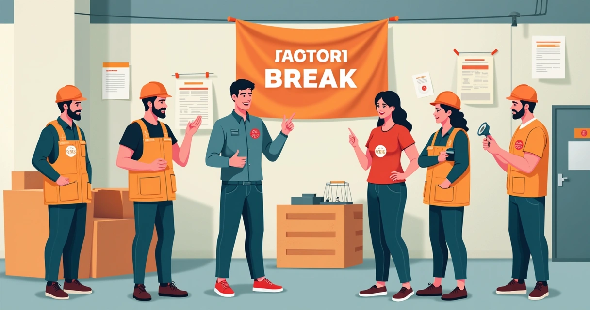 Militantes de chapa sindical conversando com trabalhadores em ambiente de fábrica 