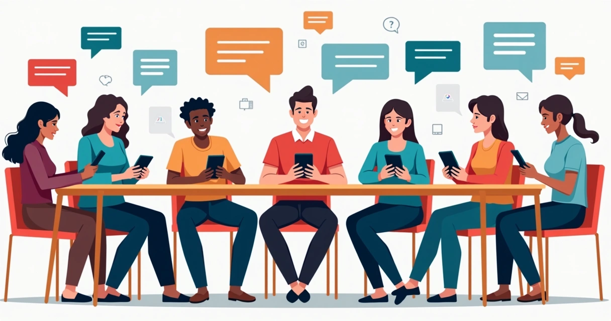 Grupos usando smartphones para discutir temas políticos em ambiente comunitário, banners de campanha ao fundo. 