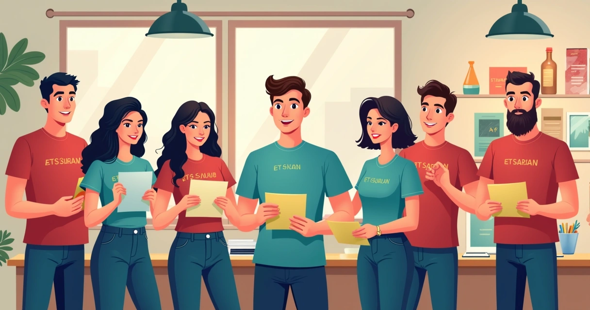 Equipe de voluntários com camisetas de campanha organizando panfletos e cartazes