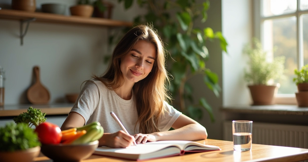 Mulher fazendo anotações sobre sua alimentação em caderno 