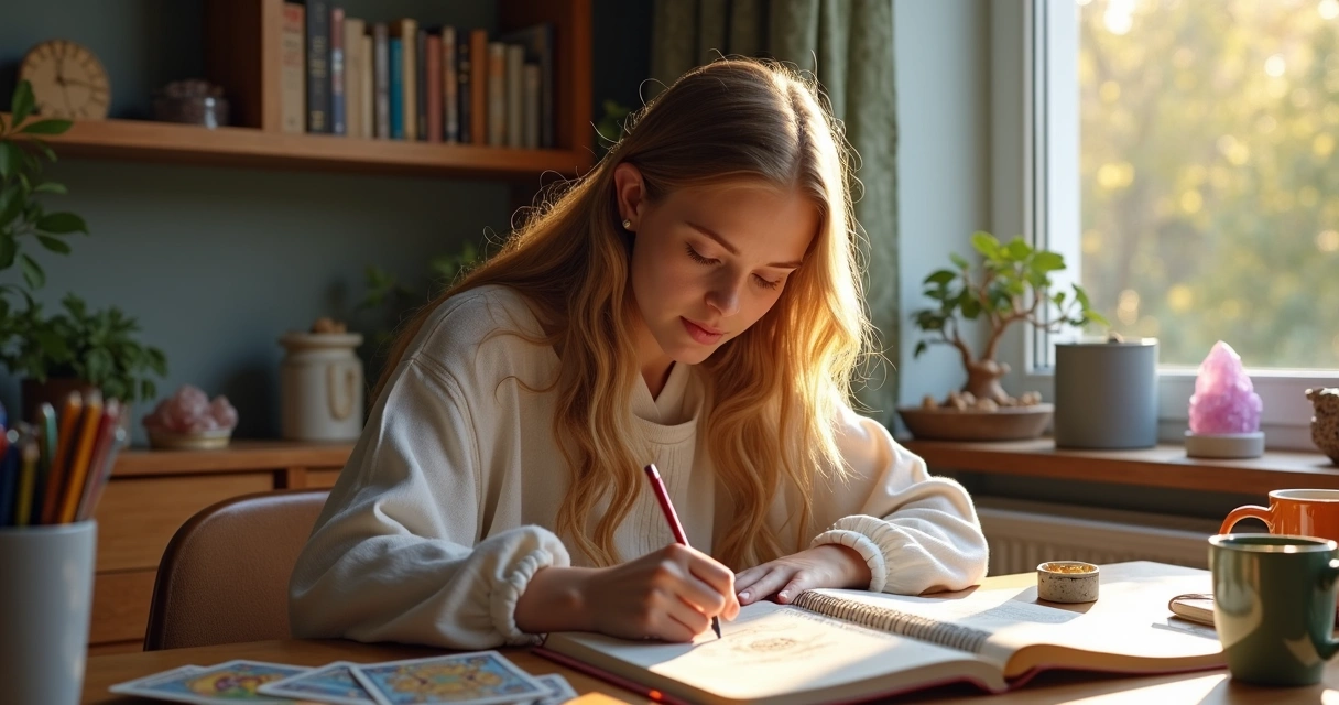 Mulher escrevendo em diário com símbolos espirituais ao redor