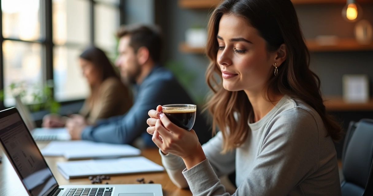 Mulher aprecia xícara de café puro em ambiente corporativo 