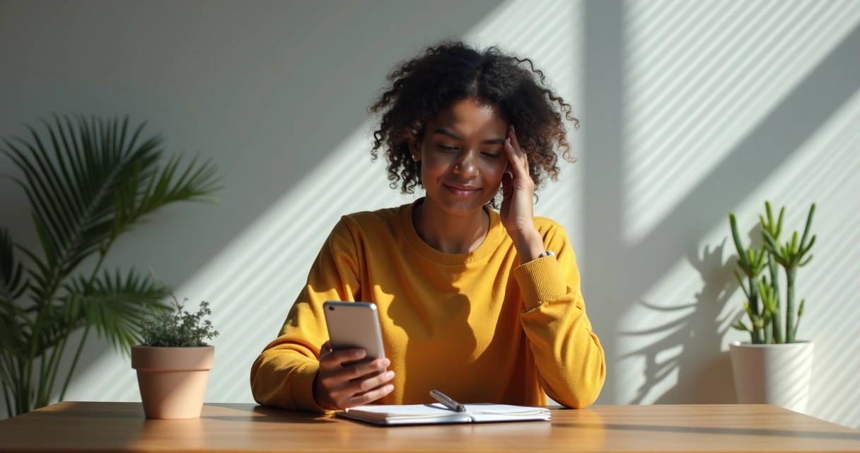 Jovem sentada segurando o rosto olhando para o celular, expressando cansaço