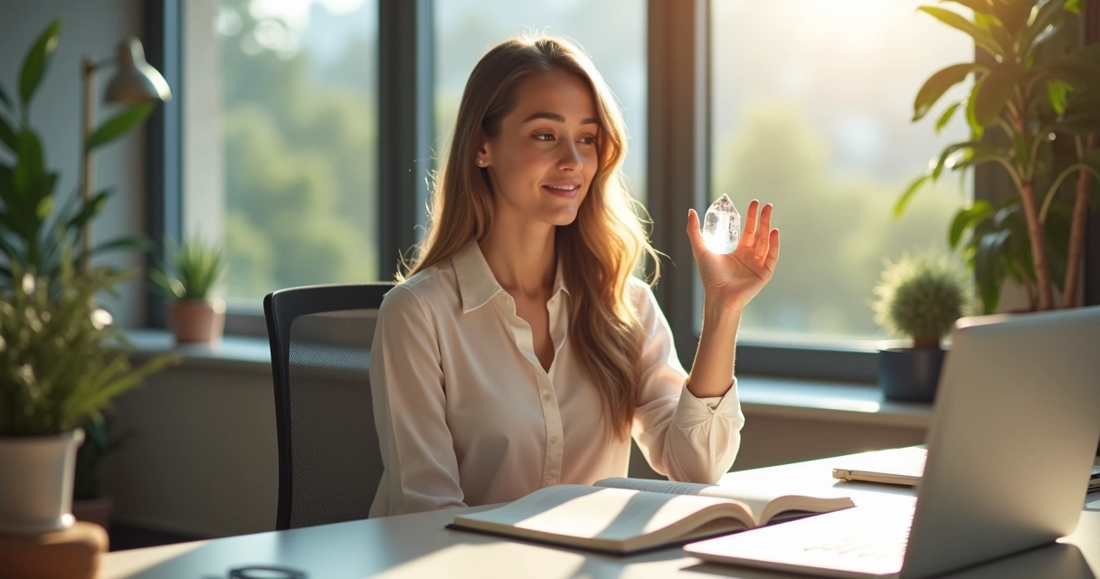 Mulher segurando cristal sobre a mesa no escritório 