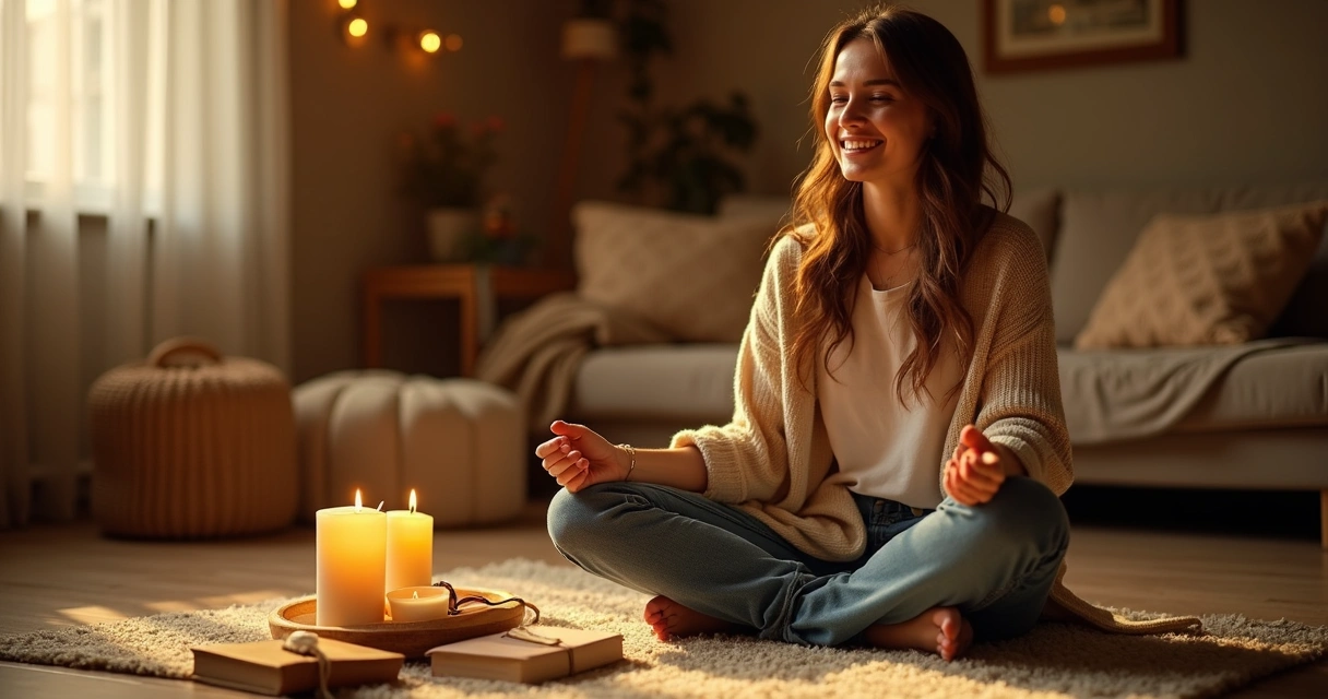 Mulher sorrindo segurando objeto antigo em ritual de gratidão 