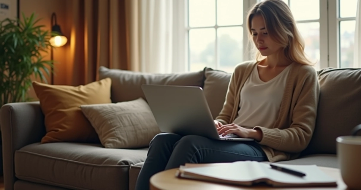 Mulher estudando em notebook em casa 