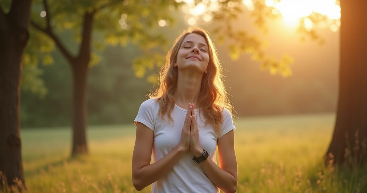 Mulher com olhos fechados, mãos no peito, luz do sol ao fundo 